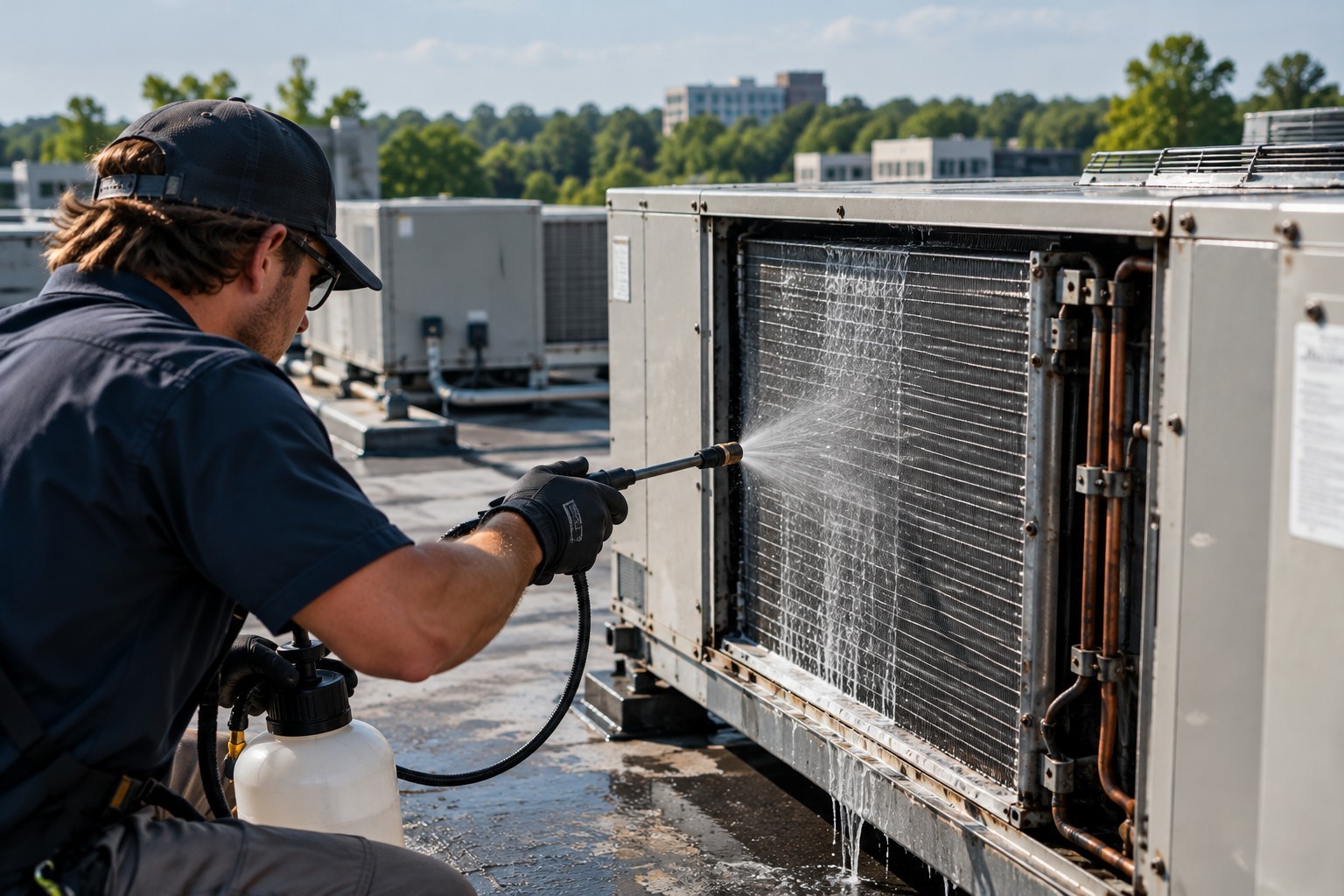 Technician cleaning commercial HVAC coils with a handheld sprayer on a rooftop