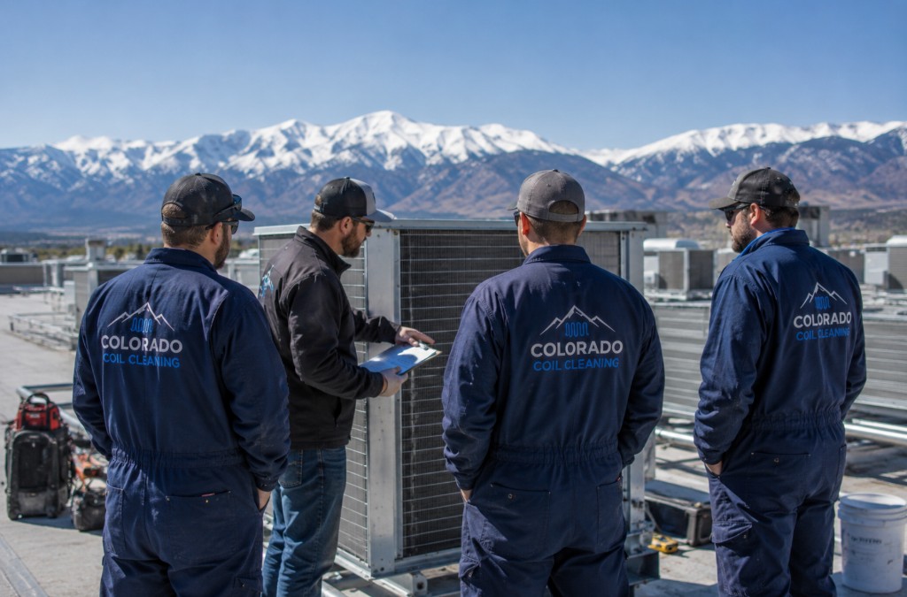 Illustrative image of coil-cleaning coordination on a commercial rooftop