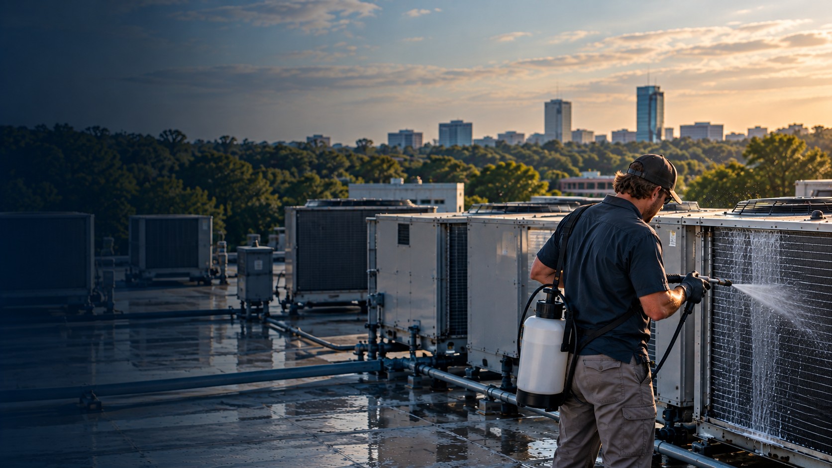 Illustrative golden-hour rooftop HVAC coil cleaning in a Carolina commercial setting