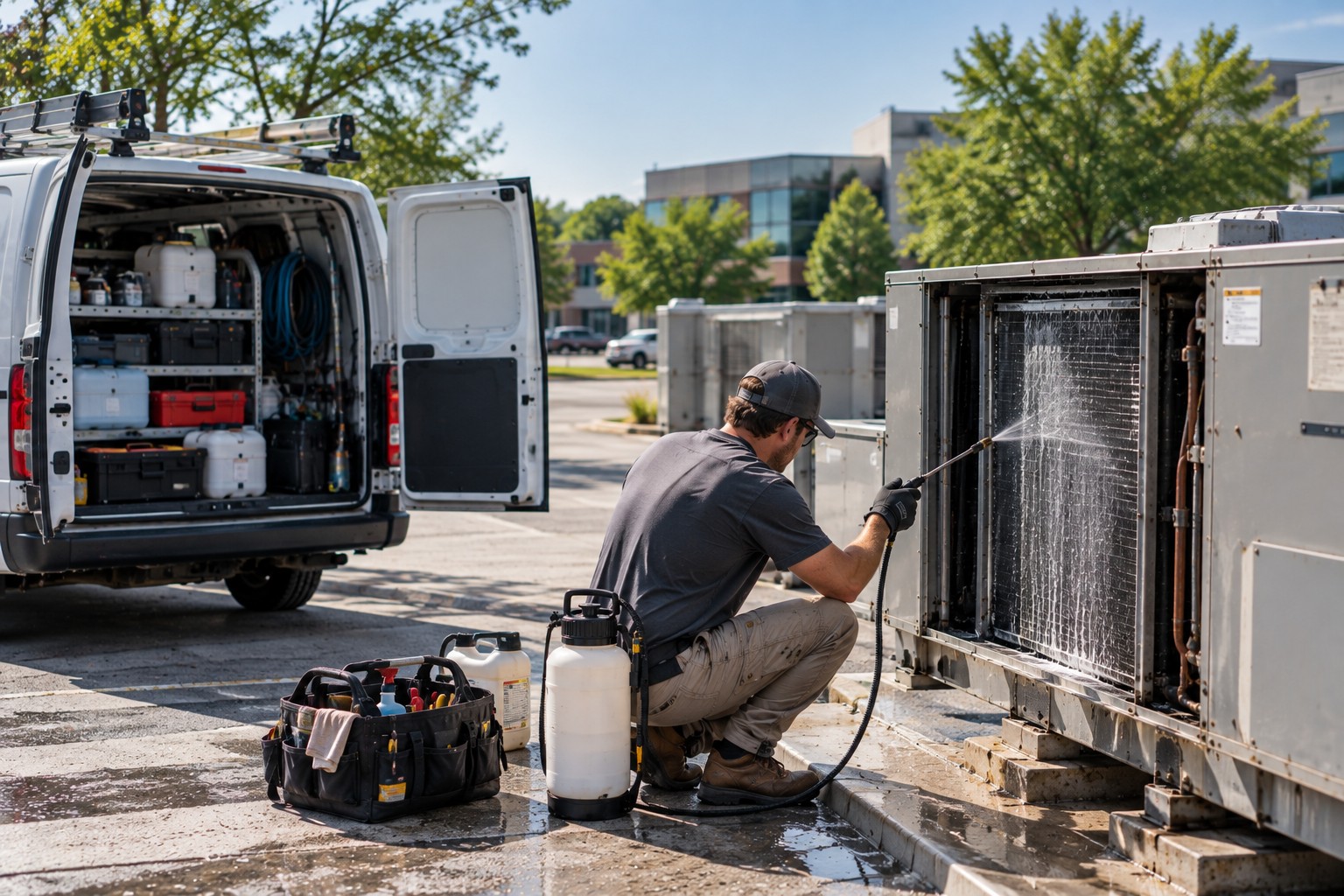 Technician using a handheld sprayer to clean commercial HVAC coil fins beside a work van