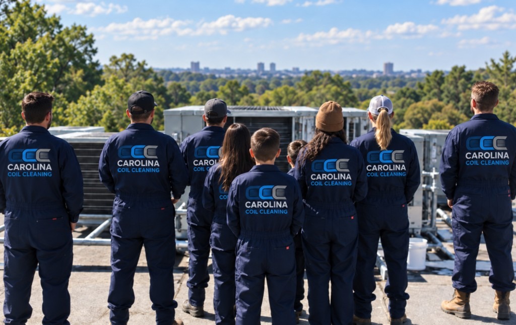 Carolina Coil Cleaning team on a commercial rooftop overlooking the service area